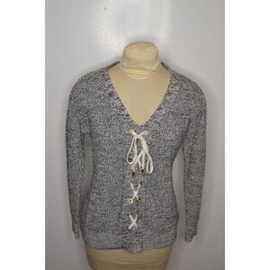 Guess Women's Large Grey V Neck Long Sleeve Lace Up Sweater